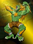  2017 5_fingers absurd_res ape blanka blowup_background brown_clothing capcom clothed clothing fangs fingers foot-paws full-length_portrait fur gorilla green_body green_fur hair haplorhine hi_res mammal monotone_hair navel open_mouth orange_body orange_eyes orange_fur orange_hair pink_tongue portrait primate sharp_teeth simple_background solo street_fighter teeth tongue topless video_games 