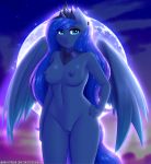  2020 anthro areola blue_nipples breasts digital_media_(artwork) equid eyelashes female friendship_is_magic full_moon genitals hi_res horn looking_at_viewer mammal moon my_little_pony navel nipples outside princess_luna_(mlp) pussy smile solo text twistedscarlett60 unicorn_horn url winged_unicorn wings 
