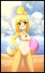  animal_crossing anthro ball beach blush breasts canid canine canis clothed clothing domestic_dog female fur gforce green_eyes hand_on_hip isabelle_(animal_crossing) looking_at_viewer mammal nintendo open_mouth outside seaside shih_tzu solo standing swimwear toy_dog video_games watermark yellow_body 