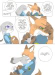  2016 ?! alternate_version_at_source anthro blush canid canine clothed clothing comic dialogue disney edit english_text fox fully_clothed fur green_eyes grey_body grey_fur hard_translated hi_res hug judy_hopps lagomorph leporid mammal nick_wilde open_mouth open_smile orange_body orange_fur police_uniform puki purple_eyes rabbit red_fox smile speech_bubble text translated uniform zootopia 