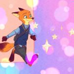  2019 abstract_background anthro barefoot black_nose canid canine clothed clothing dipstick_ears disney fox fully_clothed fur hi_res mammal mochigolo618 multicolored_ears nick_wilde orange_body orange_fur pawpads red_fox smile solo walking zootopia 