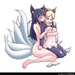  2015 accessory ahri_(lol) animal_humanoid black_hair blonde_hair blue_eyes breast_grab breasts canid canid_humanoid canine canine_humanoid clothing duo facial_markings female fox_humanoid hair hand_on_breast head_markings headband hi_res humanoid inksgirls kneeling league_of_legends lux_(lol) mammal mammal_humanoid markings multi_tail nipples nude open_mouth riot_games smile torn_clothing transformation video_games 