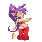  2019 armor blue_eyes blush bracers breasts collar ear_piercing ear_ring eyelashes female genie genitals hair humanoid humanoid_pointy_ears inksgirls long_hair nipples not_furry open_mouth piercing ponytail pussy shantae shantae_(series) shrinking simple_background solo standing surprise video_games wayforward white_background 