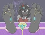  5_toes anthro anthrofied bdsm black_hair bondage bound caroo crossgender crossgender_(mtf) dialogue digit_ring english_text equid fangs feet female foot_fetish friendship_is_magic hair horn humanoid_feet jewelry king_sombra_(mlp) mammal mtf_crossgender my_little_pony red_eyes ring soles text toe_ring toes unicorn 