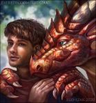  5_fingers ambiguous_gender arcturus blue_eyes blurred_background brown_hair bust_portrait claws close-up detailed detailed_scales dragon duo ear_fins feral fin finger_claws fingers grabbing_from_behind hair human looking_at_another male mammal portrait realistic red-izak red_body red_scales scales scalie shaded short_hair stubble tan_body tan_skin veledar white_claws 