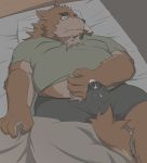  2020 anthro bed belly bodily_fluids brown_body brown_fur canid canine canis clothing cum cum_through_clothing cute_fangs domestic_dog erection erection_under_clothing eyes_closed fur furniture genital_fluids humanoid_hands kemono lying male mammal on_back overweight overweight_male pillow shirt sleeping solo tenting topwear tora_oekaki wet wet_clothing wet_dream 