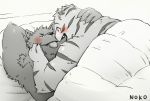  2020 anthro armpit_hair blush body_hair canid canine cuddling duo hug humanoid_hands kemono laying_on_bed lying male male/male mammal noko_illust tongue tongue_out 
