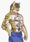  2018 5_fingers abs anthro black_eyebrows brown_hair byowt claws clothed clothing clouded_leopard eyebrows felid fingers fur hair hi_res likulau looking_at_viewer male mammal muscular muscular_male nekojishi pantherine pecs simple_background solo spots standing tattoo topless towel towel_only white_background yellow_eyes 