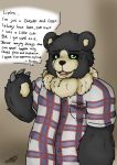  anthro black_body black_fur chest_shirt clothing darknetic digital_media_(artwork) fur green_eyes hi_res kuma_(darknetic) male mammal own_character simple_background solo standing text ursid ursine yellow_body yellow_fur 