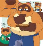  2020 animal_crossing anthro apron belly blush brown_body brown_fur butt canid canine clothing fur humanoid_hands hyaku_(artist) japanese_text kemono male mammal necktie nintendo overweight overweight_male raccoon_dog shirt solo tanuki text tom_nook_(animal_crossing) topwear video_games 