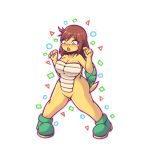  2018 anthro blush bodily_fluids breasts brown_hair clothing featureless_crotch female footwear hair implied_transformation inksgirls koopa magic mario_bros nintendo open_mouth scalie shell shoes simple_background solo standing surprise tears video_games white_background 