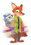  2016 barefoot basket bottomwear canid canine clothed clothing disney dm29 fence food fox fully_clothed fur grey_body grey_fur hi_res holding_food holding_object judy_hopps lagomorph leporid mammal necktie nick_wilde offering_food orange_body orange_fur pants rabbit red_fox shirt sitting smile standing topwear zootopia 