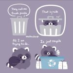  2020 anthro chibi comic english_text mahoukarp mammal procyonid raccoon simple_background slightly_chubby text trash trash_can 