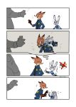  ahiru621 anthro bodily_fluids brown_body brown_fur canid canine clothed clothing comic disney ears_down emanata flying_sweatdrops fox fully_clothed fur gloves_(marking) grey_body grey_fur group hi_res judy_hopps lagomorph leporid mammal markings nick_wilde open_mouth open_smile pivoted_ears rabbit red_fox smile sweat sweatdrop thought_bubble zootopia 