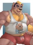 2018 absurd_res acephlosion anthro arm_hair belly black_hair blonde_hair body_hair bottomwear brown_body brown_fur bulge chest_hair clothing extracurricular_activities eyebrows fur green_eyes hair happy_trail harold_grifter hi_res looking_at_viewer male mammal multicolored_hair musclegut muscular muscular_male nipples overweight overweight_male pecs pink_nipples shirt shorts sitting smile solo tank_top thick_eyebrows topwear two_tone_hair ursid 