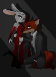  2016 anthro brown_body brown_fur canid canine clothed clothing crouching disney duo female fox fully_clothed fur green_eyes grey_body grey_fur hi_res holding_gun holding_object holding_weapon judy_hopps lagomorph leporid light lighting male mammal necktie nick_wilde puki purple_eyes rabbit red_fox simple_background standing suit weapon zootopia 