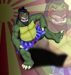  2017 absurd_res black_hair blowup_background blue_clothing brown_eyes capcom claws clothing edmond_honda foot-paws green_body hair hi_res one_leg_up open_mouth raised_leg reptile scalie simple_background solo street_fighter teeth tongue turtle video_games 