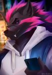  anthro art-abaddon canid canine canis clothed clothing fangs fluffy fluffy_ears fluffy_tail fur hi_res looking_at_viewer male mammal multicolored_body multicolored_fur phone solo wolf zak_(james-wild) 