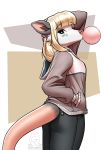  absurd_res anthro blonde_hair butt_pose clothed clothing eyebrows eyelashes female green_eyes hair hi_res mammal marsupial mykegreywolf phalangeriform pose solo 