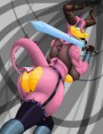  abstract_background absurd_res anthro big_breasts big_butt breasts butt clothed clothing dragon dragoness_(vimhomeless) female green_eyes half-closed_eyes hi_res holding_object holding_sword holding_weapon horn horus1998 lips lipstick looking_at_viewer looking_back makeup melee_weapon narrowed_eyes pink_body pink_scales scales solo sword weapon 