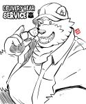  2020 american_black_bear anthro belly black_bear blush clothing delivery_bear_service eyewear glasses hat headgear headwear hi_res humanoid_hands kamui_shirow kermo_(kamui_shirow) kermode_bear male mammal one_eye_closed overweight overweight_male shirt simple_background solo text topwear ursid ursine white_background wink 