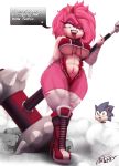  2020 absurd_res amy_rose anthro bodily_fluids boots breasts clothed clothing dialogue english_text eulipotyphlan female footwear green_eyes hair hammer hedgehog hi_res mammal melee_weapon open_mouth picturd pink_hair saliva sharp_teeth sonic_the_hedgehog sonic_the_hedgehog_(series) speech_bubble sweat teeth text tongue tongue_out tools under_boob weapon 