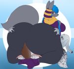  2019 ambiguous_gender anthro big_breasts big_butt black_body black_fur blue_background blue_hair breasts brown_hair butt butt_focus canid canine canis clothed clothing duo facesitting fan_character female female/ambiguous footwear fur grey_body grey_fur hair hand_on_breast hand_on_butt jackal lemur looking_at_another looking_back looking_down mammal multicolored_body multicolored_fur on_ground pandashorts primate purple_eyes shoes simple_background smile spots spotted_body spotted_fur strepsirrhine thick_thighs white_background white_body white_fur 