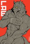 5_fingers abs absurd_res anthro canid canine canis covering covering_self fingers hi_res law_(sdorica_sunset) looking_at_viewer male mammal mono_g muscular muscular_male nipples nude red_background red_eyes sdorica_sunset seductive simple_background solo wet wet_body wolf 