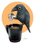  ambiguous_gender avian beak beverage bird coffee coffee_mug corvid corvus_(genus) crow feathers feral hi_res monotone_body monotone_feathers sabtastic simple_background solo talons white_background 