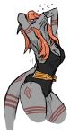  anthro arms_above_head breasts cleavage clothed clothing dragon eyes_closed eyeshadow female grey_body hair hi_res makeup orange_hair partially_open_mouth simple_background solo solo_focus streching thick_thighs zeds 