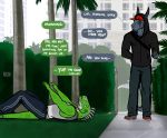  anthro bgn bottomwear cellphone chameleon clothed clothing dante_(bgn) dialogue dragon duo english_text footwear fully_clothed gary(bgn) hoodie horn lizard male palm_tree pants phone reptile scalie shirt shoes speech_bubble standing tank_top text topwear tree 