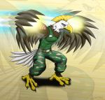  accipitrid accipitriform anthro avian bald_eagle beak belt bird blonde_hair blowup_background camo_pants capcom clothed clothing eagle feathers foot-paws full-length_portrait fully_clothed green_clothing green_topwear guile hair hi_res male monotone_clothing monotone_topwear portrait sea_eagle simple_background solo spread_wings street_fighter tail_feathers talons topwear video_games white_body white_feathers white_tail wings yellow_beak 