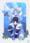  anthro blue_eyes blue_hair clothing felid female hair mammal melee_weapon pantherine polearm revealing_clothes snow_leopard solo spear weapon white_pupils yoshiya 