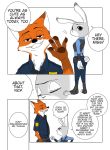  ! 2016 annoyed anthro belt bottomwear canid canine clothed clothing comic dialogue disney duo edit english_text fox fully_clothed fur gesture grey_body grey_fur half-closed_eyes hard_translated hi_res judy_hopps lagomorph leporid mammal narrowed_eyes necktie nick_wilde open_mouth open_smile orange_body orange_fur pants police_uniform puki rabbit red_fox shirt simple_background smile speech_bubble standing text topwear translated uniform waving white_background zootopia 