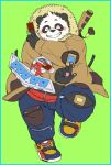  2020 anthro black_body black_fur blush bottomwear clothing eyes_closed fur giant_panda green_background hi_res humanoid_hands kemono konami mammal noko_illust overweight pants simple_background solo sweater topwear ursid white_body white_fur yu-gi-oh 