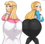  a_link_to_the_past absurd_res big_breasts big_butt blonde_hair blue_eyes blush breasts breath_of_the_wild butt butt_focus camel_toe clothed clothing drunkavocado duo ear_piercing ear_ring female fully_clothed hair hi_res humanoid humanoid_pointy_ears hylian long_hair looking_at_viewer looking_back nintendo not_furry piercing princess_zelda simple_background square_crossover the_legend_of_zelda video_games white_background 