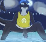 2020 absurd_res anthro blue_eyes bottomless cetacean clothed clothing delphinoid first_person_view flaccid foreskin genitals grin hi_res hot_tub humanoid_genitalia humanoid_penis kaufycream_(artist) low-angle_view male mammal marine night oceanic_dolphin orca penis smile solo toothed_whale uncut water 
