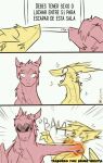  catkitte dragon duo female hair humor knockout male pink_body pink_hair pink_scales scales smile spanish_text text yellow_body yellow_scales 