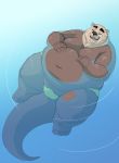  2020 anthro bathing belly brown_body captainjusticevirtsuoso clothing eyes_closed hi_res humanoid_hands justicecaptainv lutrine male mammal moobs mustelid navel overweight overweight_male solo swimwear water 