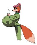  2020 absurd_res anthro beverage big_breasts breasts canid canine clothed clothing female fox fur hair hi_res huge_breasts hyper hyper_breasts mammal nipple_outline orange_body orange_fur pink_hair simple_background smile solo solo_focus sweater topwear zeds 