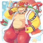  2019 3_fingers anthro armband belt bottomwear bowser bracelet christmas claws clothing collar eyebrows fingers gift green_body green_scales hair hi_res holidays horn humanoid_hands jewelry koopa looking_at_viewer male mario_bros morganramune multicolored_body multicolored_scales nintendo open_vest pants red_eyes red_hair scales scalie smile solo spiked_armband spiked_bracelet spiked_collar spiked_wristband spikes standing tan_body tan_scales thick_eyebrows topwear vest video_games white_claws white_horn wristband yellow_body yellow_scales 