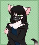  2020 anthro black_hair clothed clothing digital_media_(artwork) ears_outwards face_mask female flat_chested fur green_eyes hair hoodie kitty-face looking_at_viewer mammal mask mouse murid murine nervous pivoted_ears rat rodent rosicchi shy simple_background smile solo solo_focus swimsuit_under_clothing topwear white_body white_fur young 