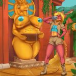  2019 anthro big_breasts blonde_hair boots bottomwear breasts catchabird clothing detailed_background drinking eyes_closed felid feline footwear hair hand_on_hip hi_res lynx male mammal navel nipples outside red_body ruins sculpture shorts solo standing statue vikbys 