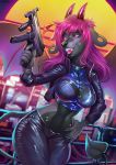  2020 5_fingers anthro black_nose breasts clothed clothing digital_media_(artwork) female fingers hair holding_gun holding_object holding_weapon open_mouth pink_hair solo sorafoxyteils synthwave teeth tight_clothing tongue weapon 
