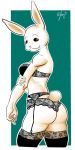  2020 anthro beastars bra clothing female fur garter_straps haru_(beastars) lagomorph leporid looking_at_viewer mammal panthera_cantus panties rabbit rear_view simple_background smile solo underwear white_body white_fur 