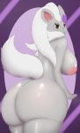  2018 accessory annoyed anthro big_breasts big_butt breasts brown_eyes butt butt_focus cinccino fan_character female fur grey_body grey_fur hair hair_accessory hair_bow hair_ribbon hi_res looking_at_viewer looking_back mocha_(purplebird) nintendo nipples nude pandashorts pink_background pok&eacute;mon pok&eacute;mon_(species) presenting presenting_hindquarters purple_background raised_tail rear_view ribbons simple_background solo solo_focus standing thick_thighs video_games white_hair 