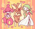  &lt;3 2019 ambiguous_gender blush brown_body chibi clothing dress eyes_closed gardevoir green_body humanoid kcdoos lagomorph lips lopunny mammal markings medicham nintendo one_eye_closed orange_background pink_eyes pink_nose pok&eacute;mon pok&eacute;mon_(species) purple_body purple_eyes semi-anthro simple_background video_games white_body wink 