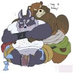  2020 anthro blush bottomwear brown_body brown_fur canid canine clothing fur gyobu hi_res hug hugging_from_behind male mammal nintendo nintendo_switch overweight overweight_male purple_tuesdays raccoon_dog robe scar shirt shorts simple_background tanuki tattoo text tokyo_afterschool_summoners topwear tsathoggua video_games white_background 