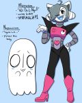  :3 ahoge anthro blue_mouth boots canid canine clothing cocothemunchkin cute_fangs english_text felid feline female footwear ghost gloves grey_hair hair hair_over_eye handwear hi_res humanoid machine mammal mettaton multi_ear napstablook one_eye_obstructed open_mouth open_smile robot robot_humanoid smile spirit tem temmie_(undertale) text undertale video_games 