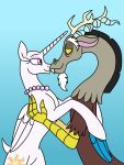  bald chimera cutie_mark discord_(mlp) draconequus duo embrace equid equine eyeliner eyeshadow female feral friendship_is_magic gem horn horse housewife hug husband_and_wife hybrid jewelry makeup male male/female mammal married_couple mascara my_little_pony necklace pearl_(gem) pearl_necklace pony princess_celestia_(mlp) shaved_head shaved_tail smile spyroforlife story story_in_description winged_unicorn wings 